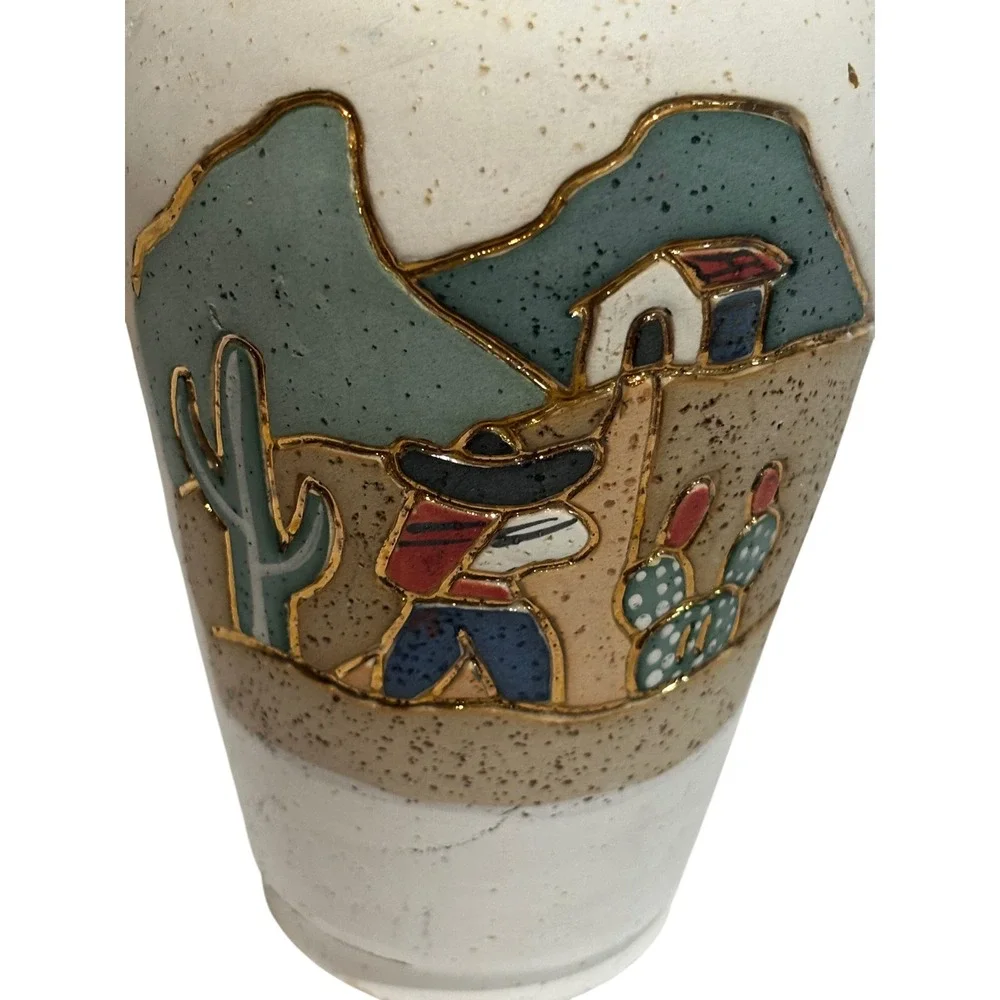 Southwestern Hand Painted Pottery Vase Desert Scene Ring Handles Gold Trim Aztec